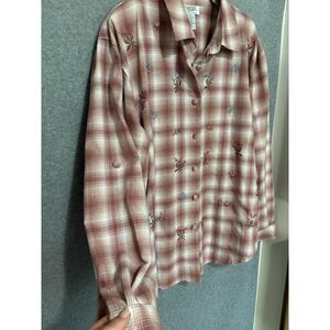 Vintage Teddi Plaid Floral Embroidered Button Up Shirt Cottagecore XL Top Garden